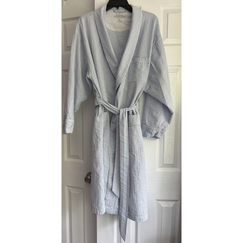 Men's Vermont Country Store Classic Stripe Cotton Seersucker Robe Sz M Blue